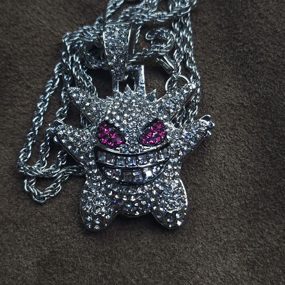 24" Stainless Steel Chain Iced Out Gengar Bling Pendant Silver Tone Necklace